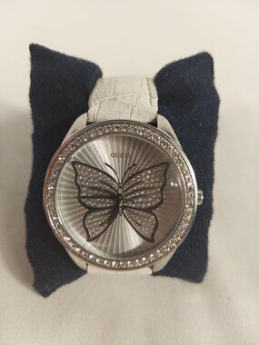 Vintage Guess Large Rhinestone Butterfly Watch White Face Leather Band